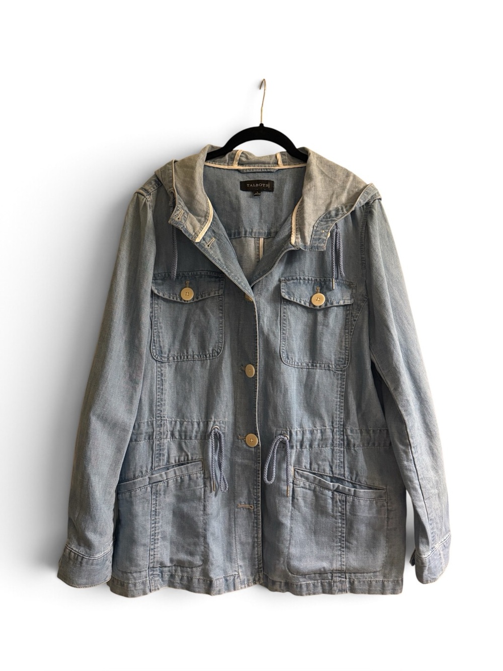 Talbots Light Wash Denim Utility Jacket with Hood